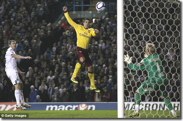 Connolly and Schmeichel can only look on helplessly as Robin Van Persie wraps up a 3-1 victory