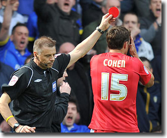Mark Halsey dismisses Forest's Chris Cohen at Elland Road on 2 April - the decision was a turning point