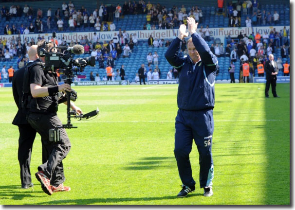 Simon Grayson acknowledges the Elland Road fans after the club's final home game, the 1-0 defeat of Burnley on 30 April