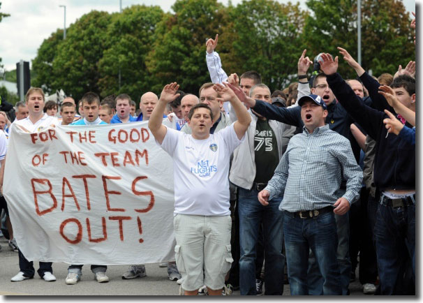 United fans protest during the 13 August match with Middlesbrough - Ken Bates branded them morons and claimed the protest cost the club a £20m investment