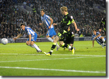 Andy Keogh scores for United at Brighton in September - a 2-0 lead was thrown away by some poor defensive play