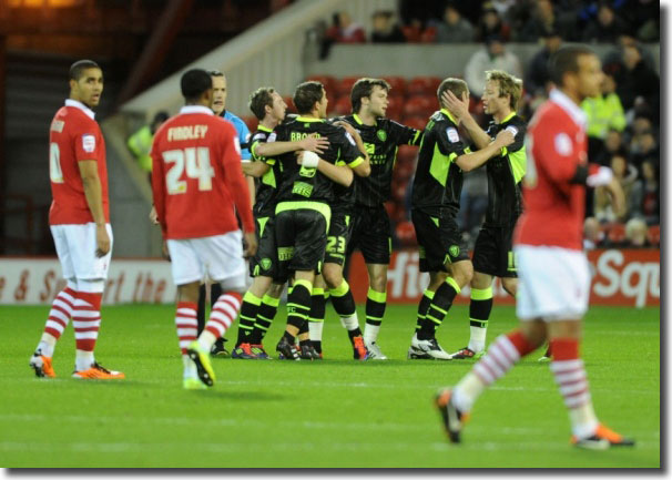 United players celebrate the opening goal at the City Ground