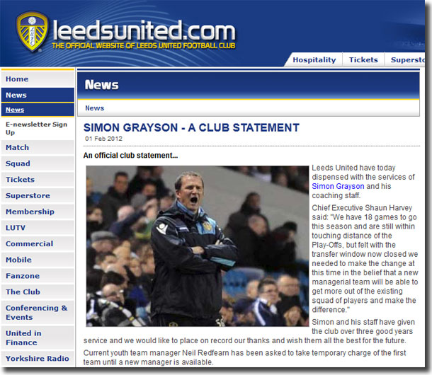 The club's website carries the news of Simon Grayson's dismissal