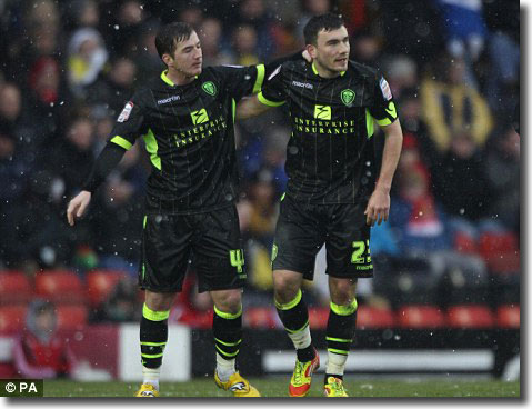 Robert Snodgrass congratulates Ross McCormack on his goal at Bristol City on 4 February