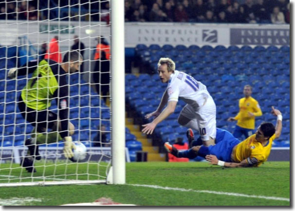 Southampton man of the match Kelvin Davis denies Becchio's point blank header during Saints' victory at Elland Road on 3 March