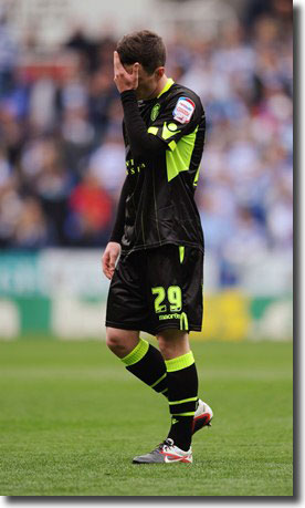 Zac Thompson leaves the field at Reading after being sent off on 6 April