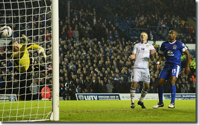 Jamie Ashdown and Jason Pearce can do nothing to prevent Sylvain Distin's goal