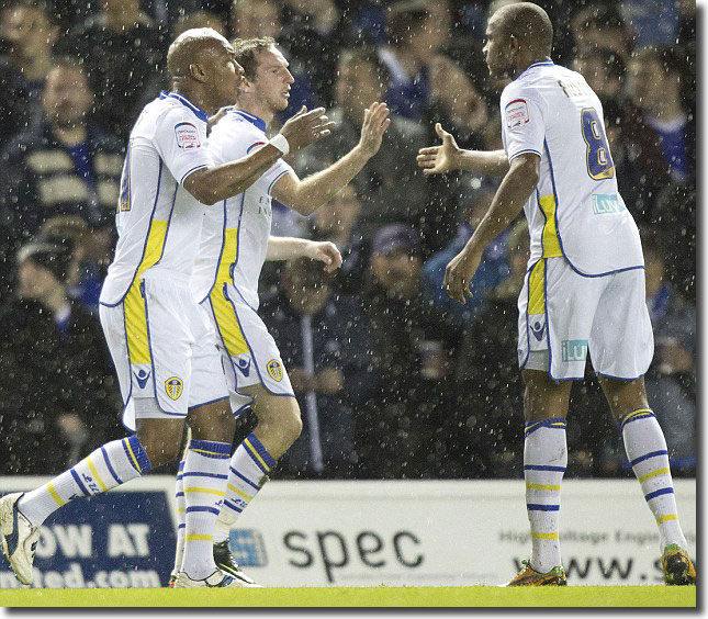 El Hadji Diouf and Rudy Austin celebrate the opening goal with Aidy White