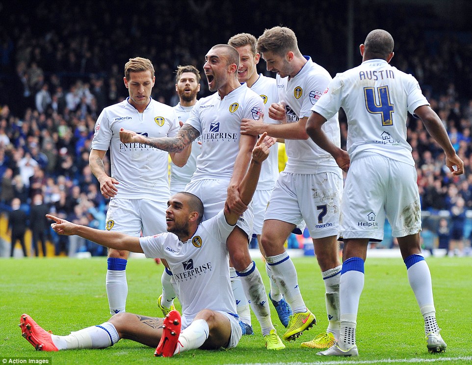 Giuseppe Bellusci celebrates his goal against Wednesday 4 October 2014 - also pictured are Sharp, Antenucci, Bianchi, Pearce, Murphy and Austin