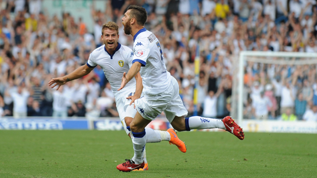 Gaetano Berardi rushes up to congratulate Mirco Antenucci on his spectaculatr goal against Burnley 8 August 2015