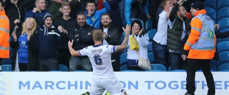 Liam Cooper celebrates his equaliser against Brighton 15 October 2015