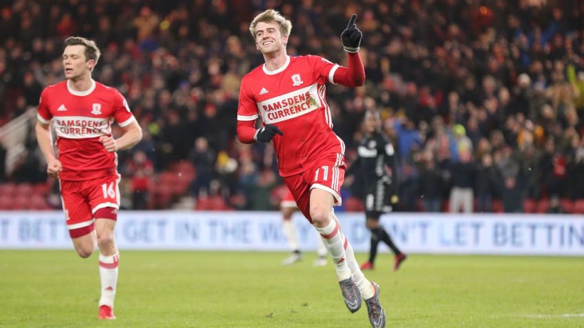 Patrick Bamford celebrates his hat-trick for Middlesbrough against Leeds in March 2018 — it partly sealed his move to Elland Road