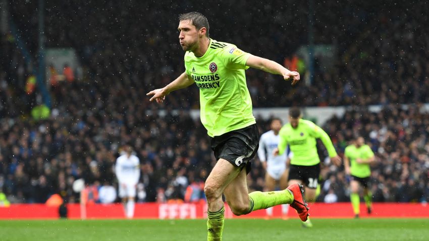 Chris Basham celebrates his goal for Sheffield United at Elland Road 16 March 2019