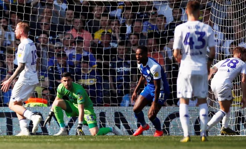 Jansson and Casilla show the paid as Wigan’s Gavin Massey celebrates scoring their second goal at Elland Road 19 April 2019