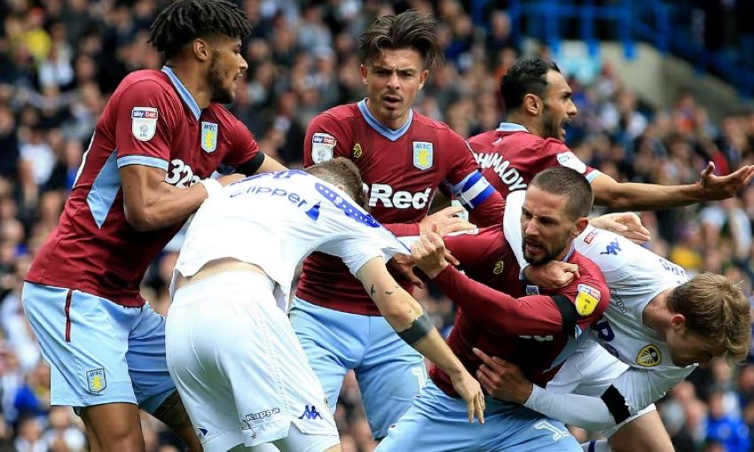 Mateusz Klich is confronted by Aston Villa’s Conor Hourihane after he scores a controversial goal 28 April 2019