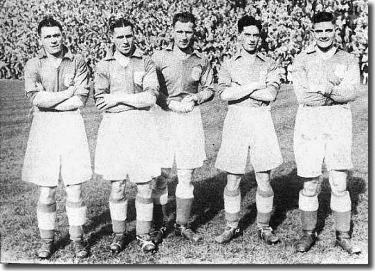 Leeds United forward line of 1936: Sammy Armes, Billy Furness, Jack Kelly, Eric Stephenson, Tom Cochrane