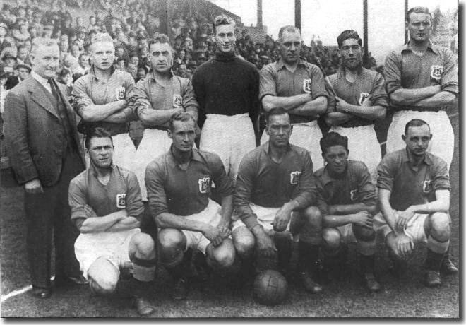 The 1937/38 side - Back row: Billy Hampson (manager), Sproston, Makinson, Savage, Milburn, Browne, Holley.  Front row: Armes, Ainsley, Hodgson, Stephenson, Buckley