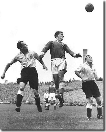 John Charles outjumps the England defence for Wales in October 1953 - Billy Wright is the player on the right