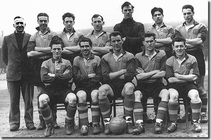 he United side which played Bristol Rovers in March 1955 - Back: Roxburgh (Trainer), Brook, Gibson, Dunn, Wood, Kerfoot, Hair Front: McCall, Nightingale, Charles (captain), Forrest, Meek