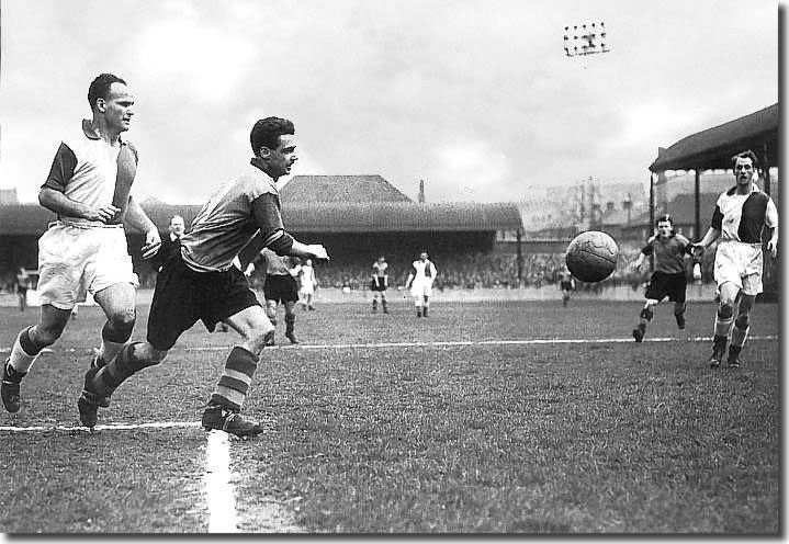 Albert Nightingale rounds Blackburn centre half Ron Stuart in the 2-0 win at Elland Road