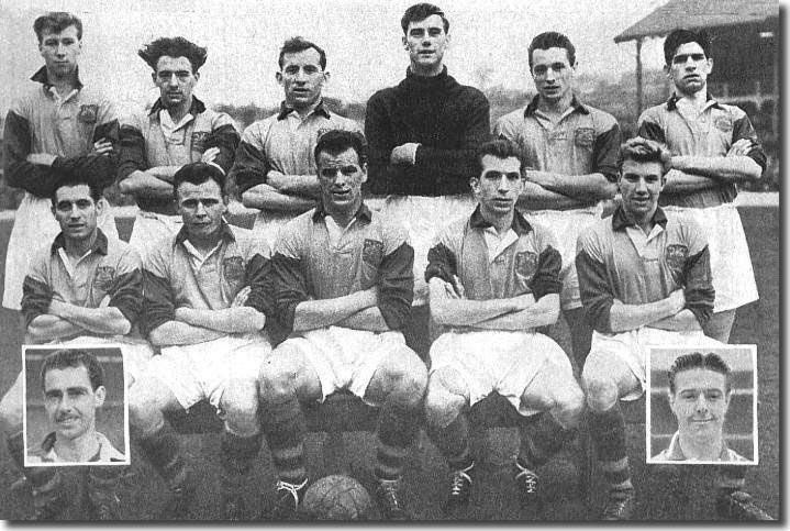 The 1955/56 side - Back: Jack Charlton, Archie Gibson, Jimmy Dunn, Roy Wood, Grenville Hair, Eric Kerfoot.  Front: Harold Williams, George Hutchinson, John Charles, Peter Vickers, Jack Overfield.  Insets: Albert Nightingale, Harold Brook