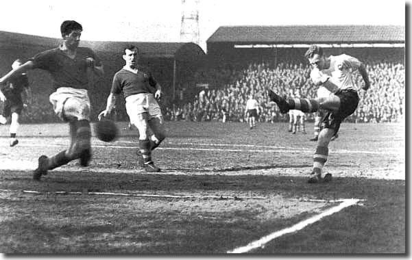 Tom Finney fires home one of two of his goals for Preston against Leeds in March 1958.  Eric Kerfoot and Jimmy Dunn are the two Leeds defenders who are left helpless