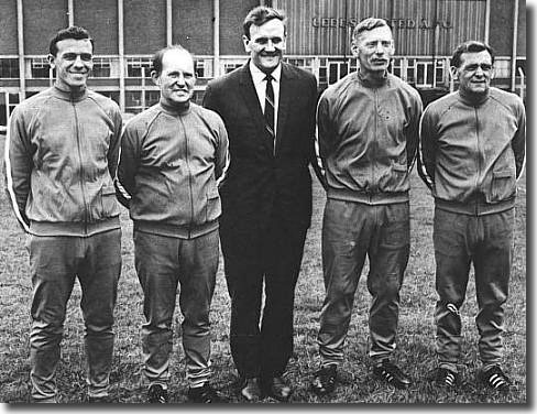 Don Revie with his backroom staff - Cyril Partridge (reserve team trainer), Bob English (physio), Syd Owen (chief coach) and Les Cocker (first team trainer-coach) - Owen was the man behind Revie's beloved dossiers