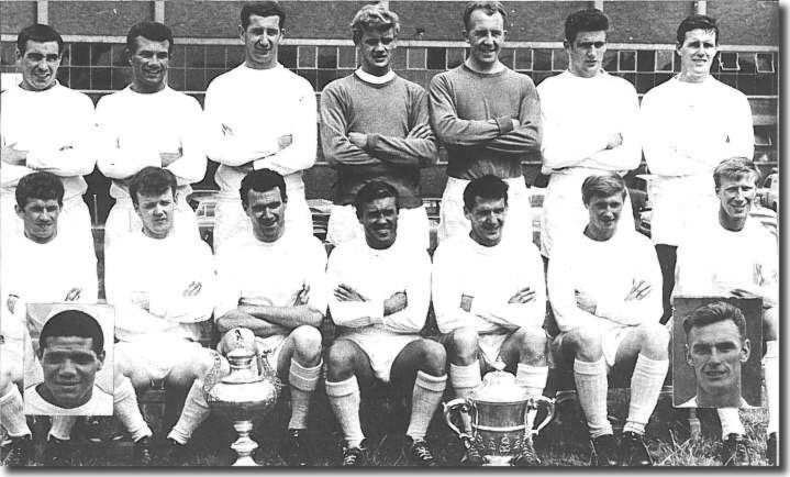 The Leeds squad with the Second Division Championship and West Riding Senior Cup 1964. Back: Willie Bell, Paul Reaney, Fred Goodwin, Gary Sprake, Brian Williamson, Norman Hunter, Ian Lawson  Front: Johnny Giles, Billy Bremner, Jim Storrie, Bobby Collins, Don Weston, Jimmy Greenhoff, Jack Charlton. Insets: Albert Johanneson, Alan Peacock