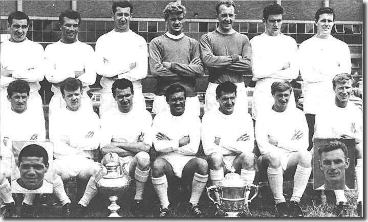 The Leeds squad with the Second Division Championship and West Riding Senior Cup 1964. Back: Willie Bell, Paul Reaney, Fred Goodwin, Gary Sprake, Brian Williamson, Norman Hunter, Ian Lawson  Front: Johnny Giles, Billy Bremner, Jim Storrie, Bobby Collins, Don Weston, Jimmy Greenhoff, Jack Charlton. Insets: Albert Johanneson, Alan Peacock