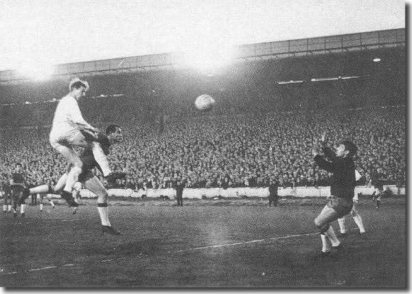 Jack Charlton heads the winning goal in the 2-1 triumph over Real Zaragoza in the Fairs Cup semi-final second leg match in 1965-66 - United's first season in European competition