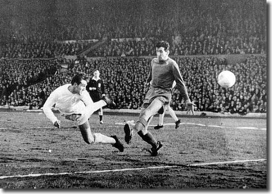 Rod Belfitt dives to head one of his three goals against Kilmarnock in the Fairs Cup semi final in May 1967