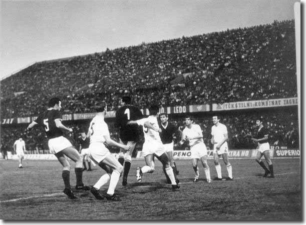 In the humidity of Zagreb, United’s attackers are Jack Charlton, Rod Belfitt, Norman Hunter and Mike O’Grady