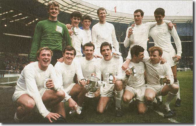 The Leeds team celebrate victory after the League Cup final - Back: Sprake, Lorimer, Gray, Charlton, Madeley, Belfitt  Front: Greenhoff, Cooper, Reaney, Hunter, Giles, Bremner