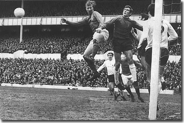 Jack Charlton in goalmouth action against Pat Jennings and Spurs January 1969