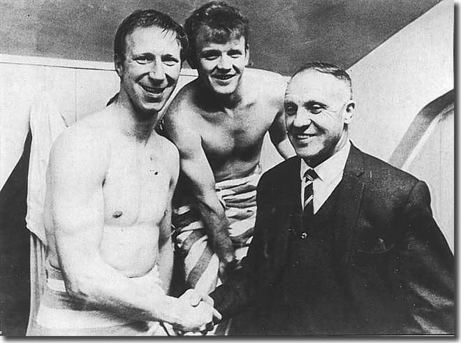 Bill Shankly congratulates Jack Charlton and Billy Bremner in the dressing rooms following the Championship decider between Liverpool and Leeds April 1969