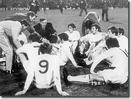 Don Revie rallies his troops before extra time in the Cup final replay against Chelsea