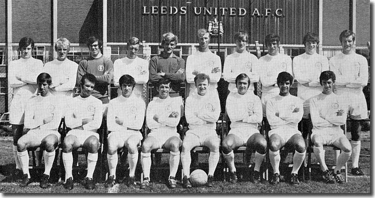 The United squad for 1970/71 - Back: Galvin, Yorath, Harvey, Jones, Sprake, Charlton, Clarke, Hunter, Gray, Madeley Front: Belfitt, Reaney, Lorimer, Giles, Bremner, Cooper, Bates, Hibbitt