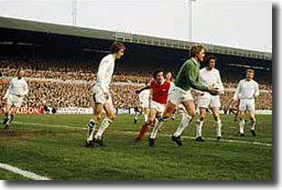 Gary Sprake prepares to clear his lines at Elland Road