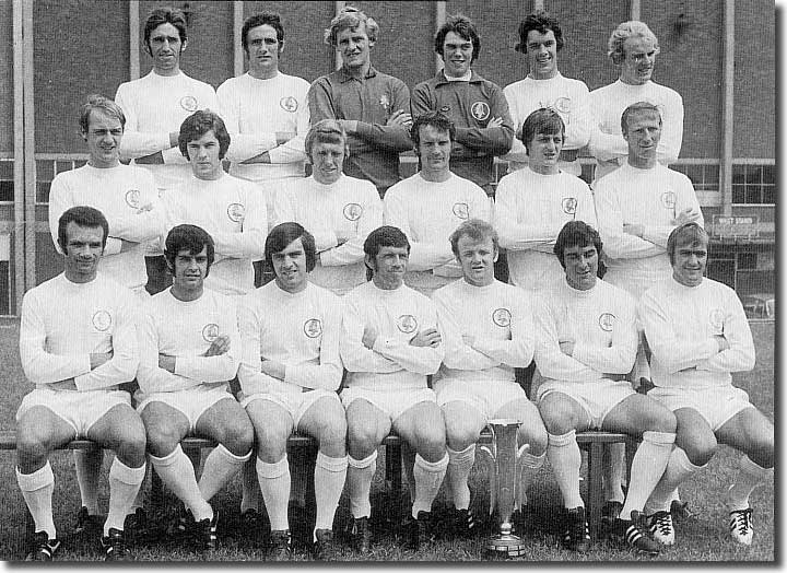 The 1971/72 Leeds United squad with the Fairs Cup trophy. Back row, left to right: Belfitt, Hunter, Sprake, Harvey, Jordan, Yorath. Middle row, left to right: Faulkner, Galvin, Jones, Madeley, Clarke, Charlton Front row, left to right: Reaney, Bates, Lorimer, Giles, Bremner, Davey, Cooper