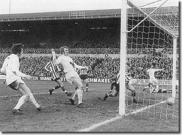 Allan Clarke (on the right) opens the scoring against Southampton with Lorimer and Jones ready to make sure if needs be