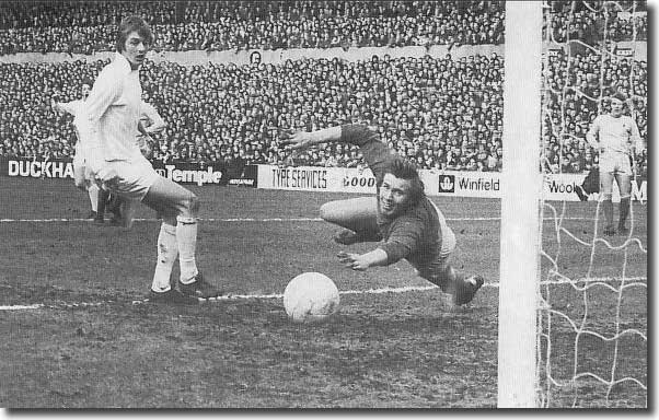 Coventry keeper Bill Glazier makes a fine save from Allan Clarke at Elland Road on 11 March - United won with a goal from Jack Charlton on his 600th appearance