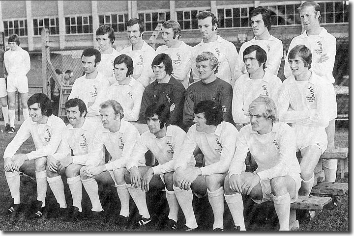 United's 1972/73 squad - Back: Cherry, Madeley, Jones, Ellam, Jordan, Charlton. Middle: Reaney, Galvin, Harvey, Sprake, Hunter, Clarke. Front: Lorimer, Giles, Bremner, Bates, Gray, Yorath