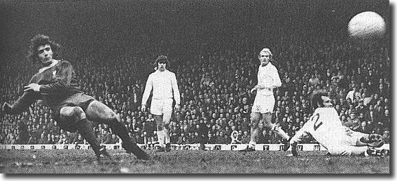 Liverpool striker Kevin Keegan scores the Reds' second goal to wrap up the game against United at Anfield which ended Leeds' title challenge