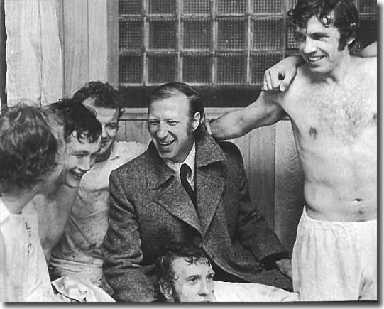 Celebrations following the FA Cup Semi Final win over Wolves April 1973.  Jack Charlton was taken off injured after half an hour