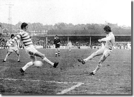 Allan Clarke slots home one of his two goals against Celtic in Jack Charlton's testimonial
