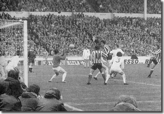 Bremner, Reaney, Harvey, Gray, Clarke, Hunter and Cherry are left helpless as Ian Porterfield sparks one of the biggest Cup upsets of all time
