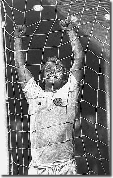 Billy Bremner ends up celebrating in the back of the net after scoring during the 4-1 defeat of Wolves