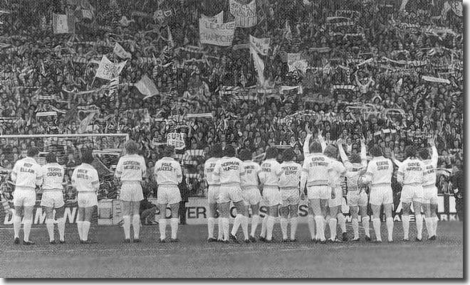 The Leeds championship winning squad salute the Elland Road crowd in 1974