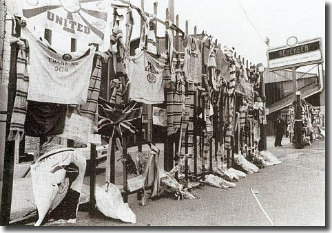 The gates of Elland Road draped with supporters' scarves as a tribute to Don Revie after his death in May 1989