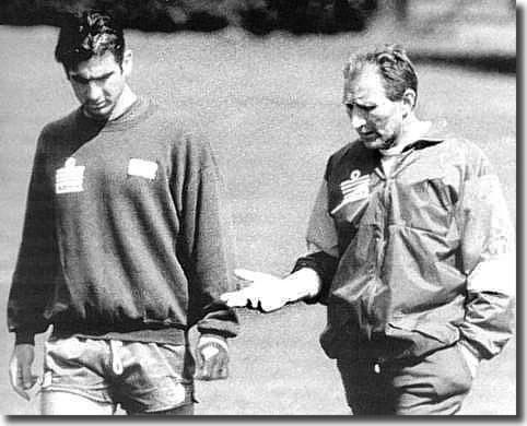 Cantona deep in conversation with his first British manager, Howard Wilkinson, who brought him to Leeds in 1992